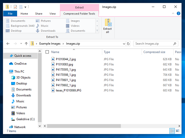 Daftar file terkompresi di Windows 10.