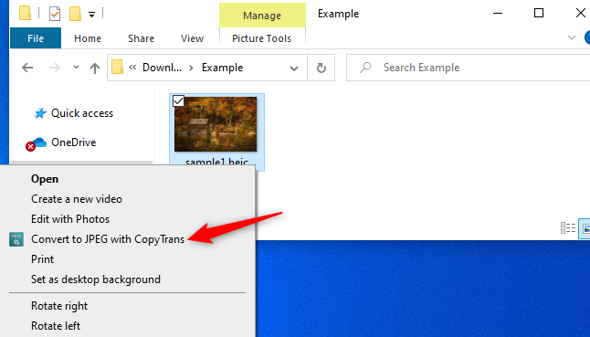 Klik kanan file HEIC dan pilih "Konversi ke JPEG dengan CopyTrans."