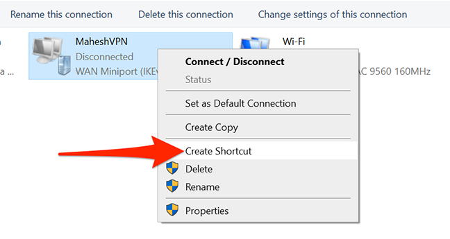 Klik kanan VPN dan pilih "Buat Pintasan" dari menu di Panel Kontrol.