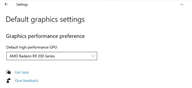 Memilih GPU performa tinggi default pada Windows 10.