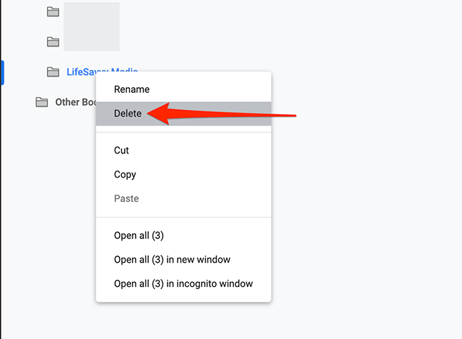 Hapus folder bookmark di jendela Pengelola Bookmark Chrome