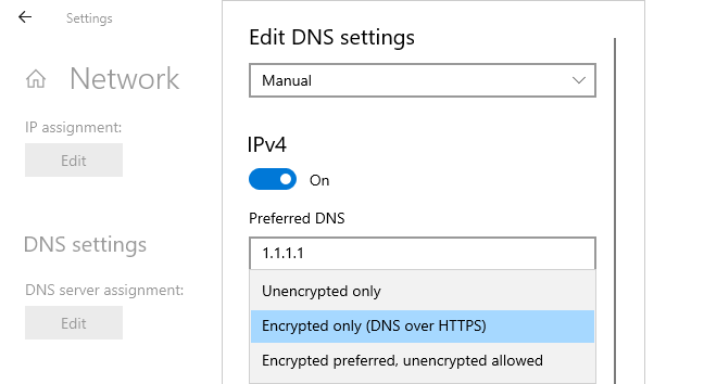 Mengaktifkan DNS melalui HTTPS di Windows 10.