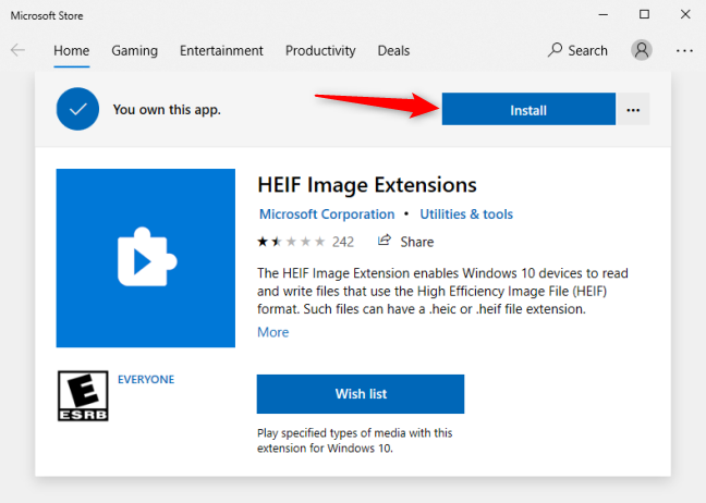 Pilih "Instal" untuk mengunduh HEIF Image Extensions dari Microsoft Store.