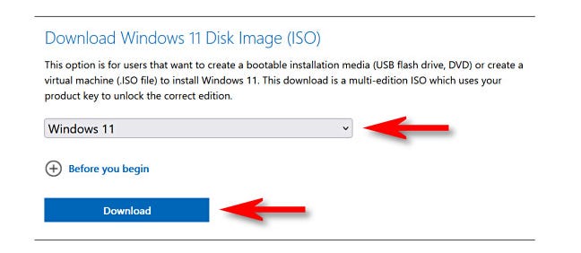 Pilih "Windows 11" dan klik "Unduh."