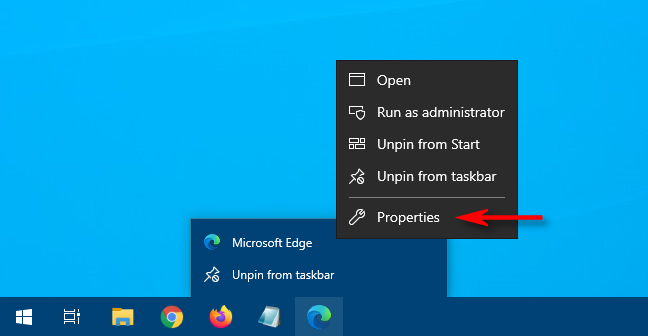 Klik kanan pintasan Edge dan pilih Properties pada Windows 10