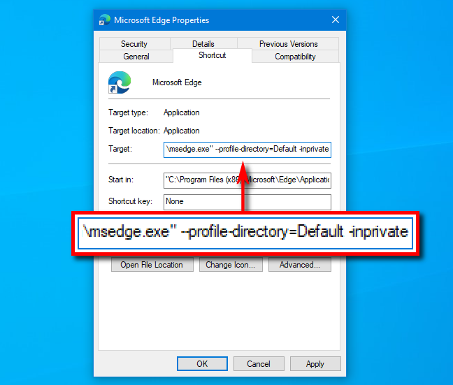 Tambahkan InPrivate ke jalur di pintasan ke Microsoft Edge di Windows 10