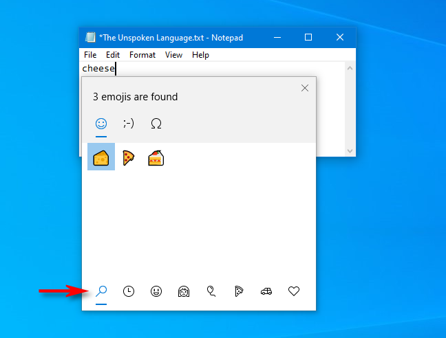 Klik kaca pembesar untuk kembali ke hasil pencarian emoji di Windows 10