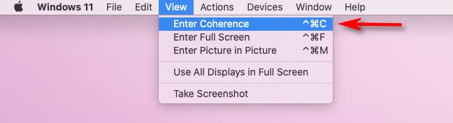 Di Parallels, pilih View  Enter Coherence.