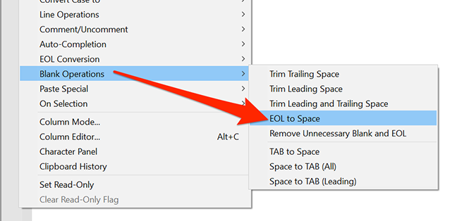 Pada menu "Edit", pilih opsi "Blank Operations" dan "EOL to Space" di Notepad++.