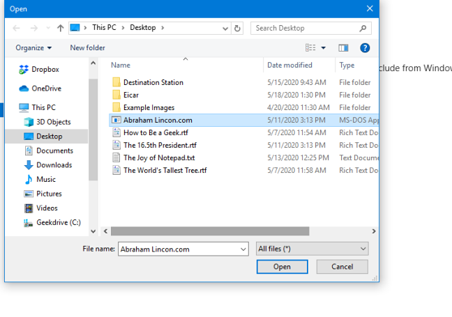 Memilih file untuk dikecualikan dari pemindaian Windows Defender di Pengaturan Keamanan Windows untuk Windows 10
