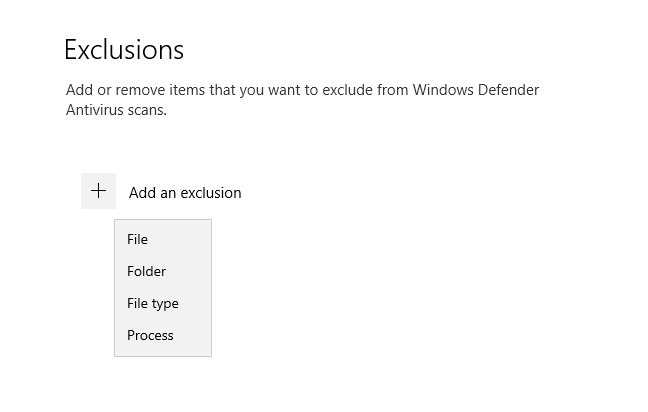Menu jenis pengecualian di Keamanan Windows untuk Windows 10