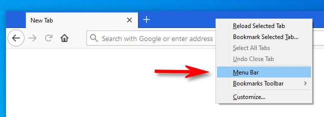 Di Firefox, klik kanan bilah tab dan beri tanda centang di sebelah "Bilah Menu."