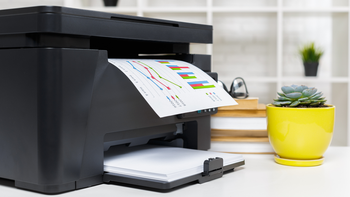 Printer rumahan yang mencetak spreadsheet berwarna-warni di sebelah pot sukulen.