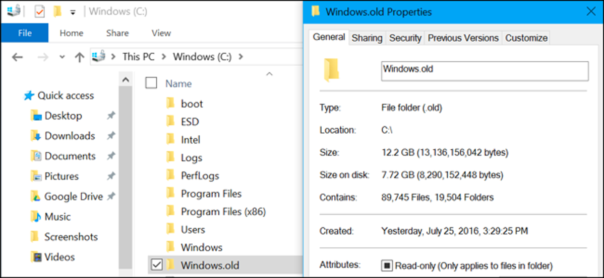 Ukuran folder Windows.old di File Explorer