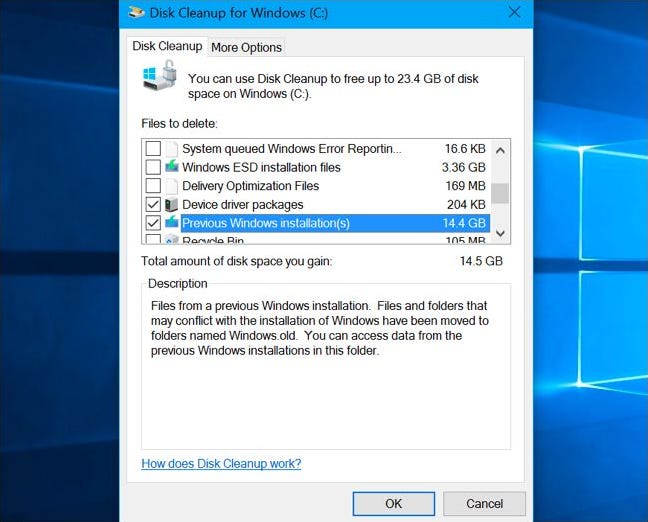 Opsi instalasi Windows sebelumnya di Disk Cleanup
