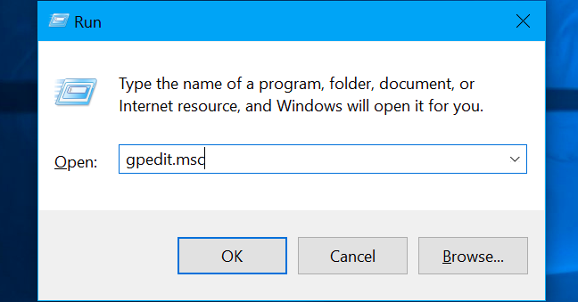 Tekan Windows + R, ketik "gpedit.msc" ke dalam kotak, dan tekan Enter.