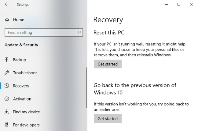 Kembali ke opsi pemulihan Windows 10 versi sebelumnya