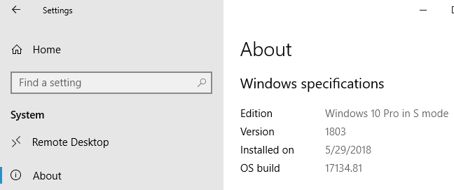 "Windows 10 Pro dalam Mode S" ditampilkan di aplikasi Pengaturan Windows 10.
