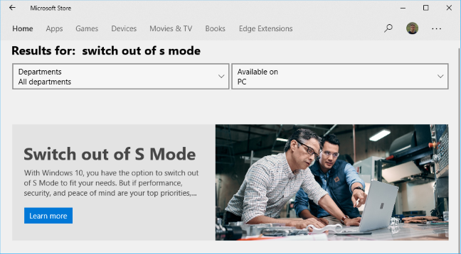 Halaman "Matikan S Mode" di Microsoft Store.