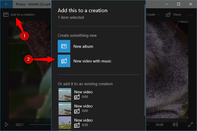 Klik "Tambahkan ke kreasi" dan klik "Video baru dengan musik."