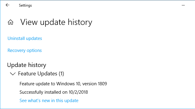 Pembaruan fitur terbaru yang diinstal di pengaturan Windows 10