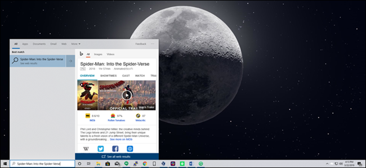 Pencarian Start Menu Windows 10 dengan hasil web Bing untuk Spider-Man: Into the Spider-Verse
