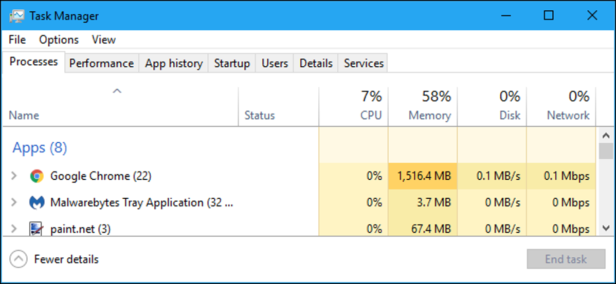 Tab Proses di Pengelola Tugas Windows 10
