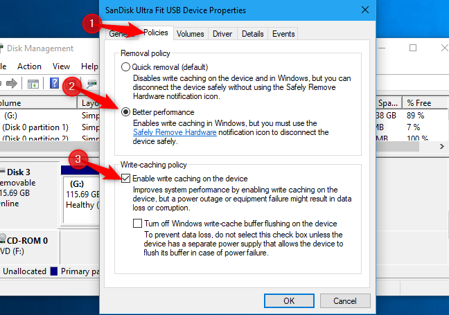 Mengaktifkan cache tulis untuk penyimpanan eksternal di Windows 10