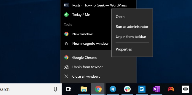 Membuka jendela properti pintasan bilah tugas Chrome di Windows 10