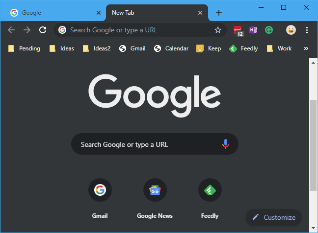Mode gelap bawaan Chrome di Windows 10 menampilkan halaman tab baru