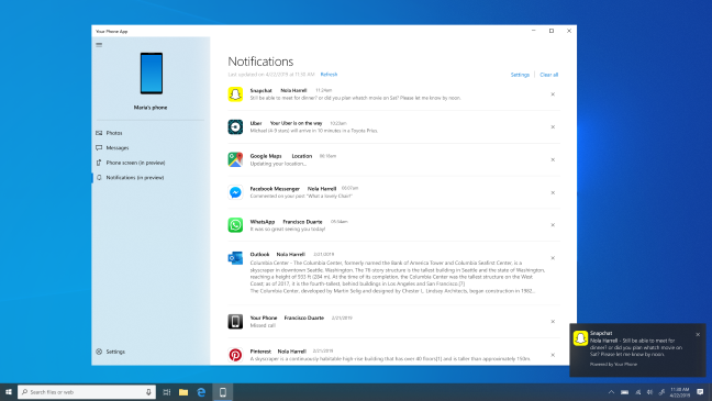 Windows 10 Kegunaan Ponsel Anda menampilkan notifikasi Android