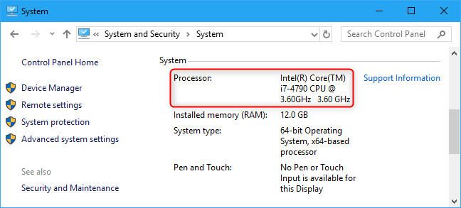 Nama prosesor ditampilkan di Panel Kontrol Windows 10