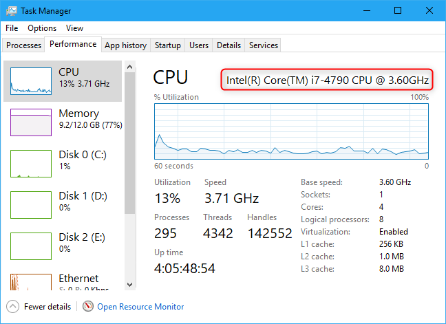 Nama dan kecepatan CPU di Task Manager Windows 10.