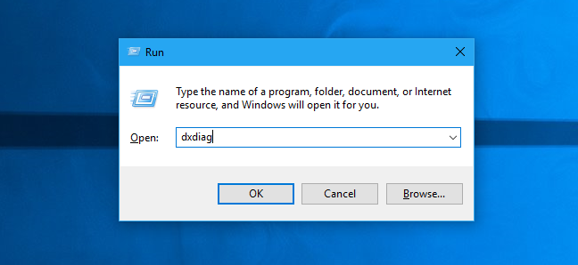 Meluncurkan dxdiag dari dialog Run Windows 10
