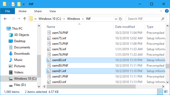 File OEM INF di folder sistem Windows 10
