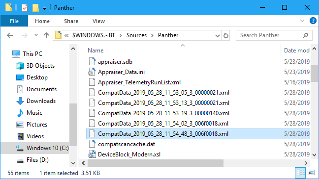 File CompatData di folder Panther Windows 10