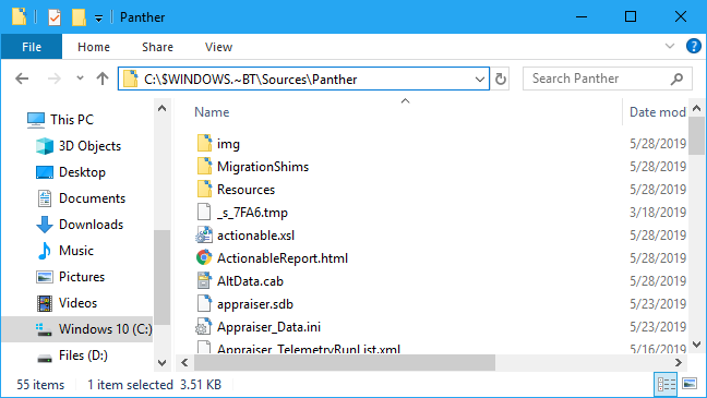 Pesan kesalahan pengaturan Windows 10 log folder Panther