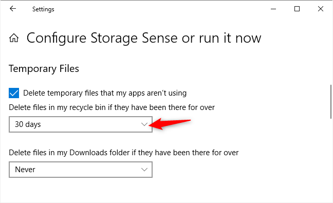 Opsi untuk mengontrol apakah Storage Sense secara otomatis menghapus file di Recycle Bin
