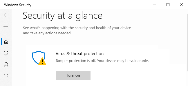 Keamanan Windows merekomendasikan Perlindungan Tamper.