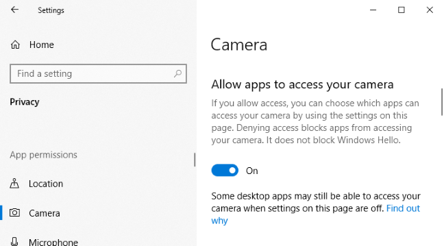 Opsi untuk menonaktifkan akses kamera untuk aplikasi di aplikasi Pengaturan Windows 10