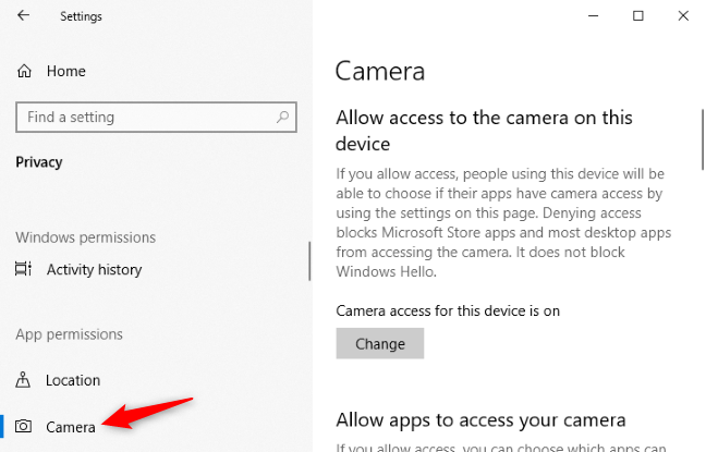 Pengaturan  Privasi  Panel kamera di Windows 10