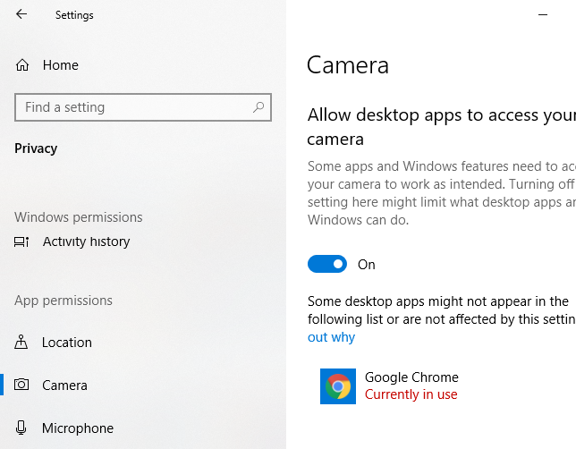 Pengaturan Kamera Windows 10 menunjukkan aplikasi mana yang menggunakan kamera Anda