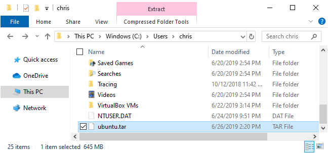 File TAR lingkungan Linux yang dibuat oleh Windows 10