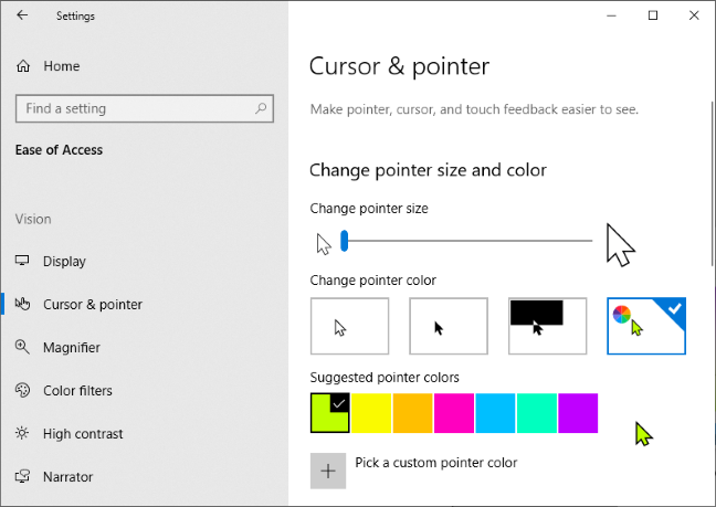 Pemilihan warna penunjuk mouse khusus di aplikasi Pengaturan Windows 10 dengan kursor hijau dipilih.