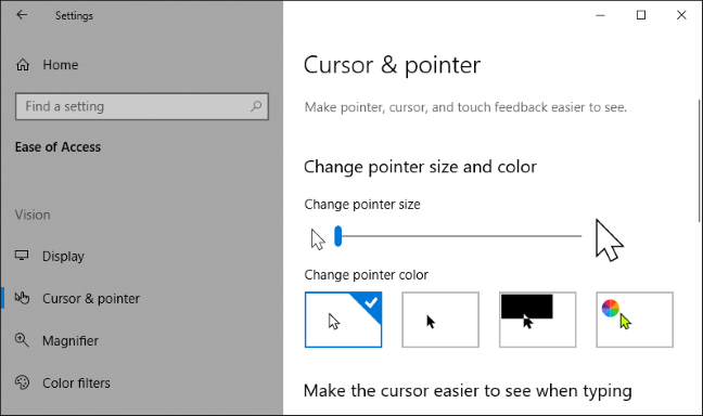 Menu "Cursor and Pointer" di aplikasi Pengaturan Windows 10.
