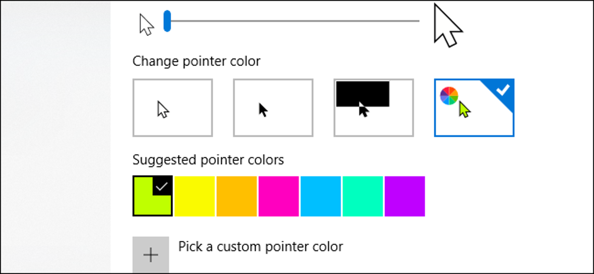 Pilihan ukuran dan warna penunjuk tetikus Windows 10.