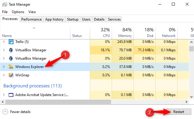 Klik "Windows Explorer" di daftar Proses, lalu klik tombol "Restart".