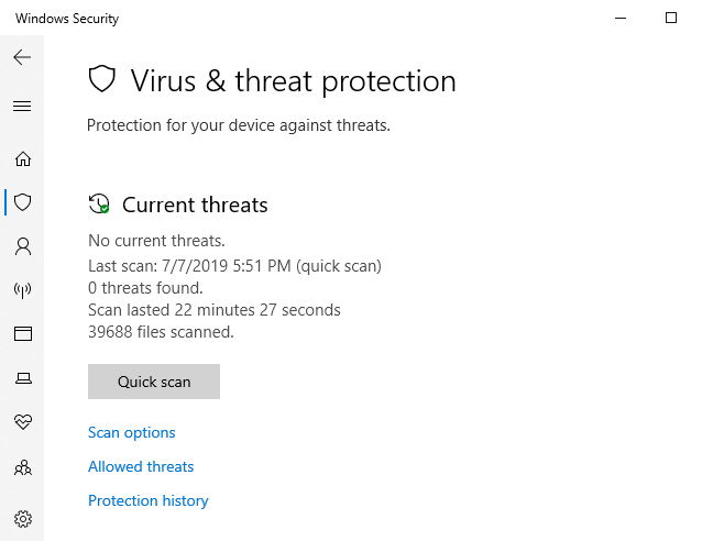 Menu pemindaian antivirus Windows Defender.