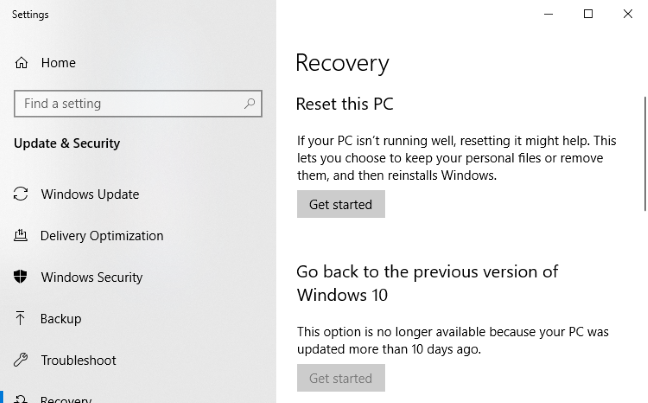 Menu Pemulihan Windows 10.