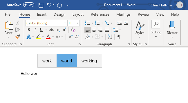 Prediksi teks Windows 10 untuk keyboard perangkat keras di Microsoft Word.